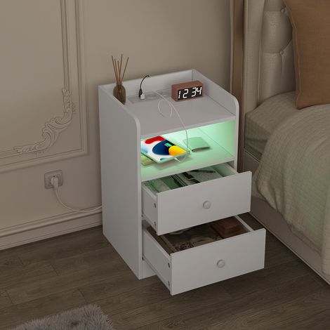 WOLTU 1x Nachttisch mit 2 Schubladen offenem Fach und LED-Licht Nachtkommode Hochglanz Beistelltisch mit 2 Steckdosen 2 USB Nachtschrank für Wohnzimmer Schlafzimmer 40x35x64cm, Weiß (1/5)