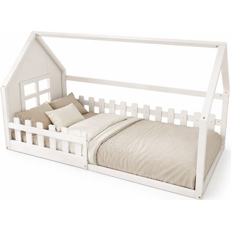 Lit Cabane 90×200 cm, Lit Simple Enfant Design Maison, sans Matelas, en Pin et MDF, Blanc (1/5)