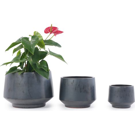 CHICFURN Set de 3 macetas de cerámica Ø 34,4/26,2/18,1 cm negro mate, interior y exterior (1/5)