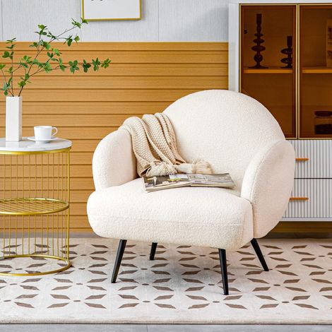 Gepolsterter Sessel, moderner Lounge-Sessel mit schwarzen Metallbeinen, Ecksessel für Wohnzimmer/Schlafzimmer/Café, Sofasessel, weiß