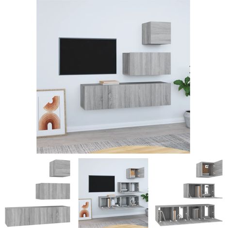 Holzwerkstoff - vidaXL 4-tlg. TV-Schrank-Set Grau Sonoma Holzwerkstoff - Wohnzimmer (1/5)