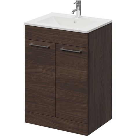 Napoli 460 Brown Oak 600mm 2 Door Vanity Unit with Angel Basin - 600mm - Chrome 160mm Handle