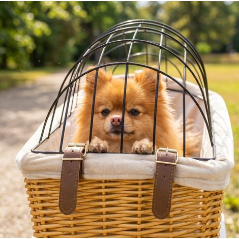 Panier vélo pour chiens et chats en osier naturel avec coussin doux et couvercle métallique, marron clair (1/5)
