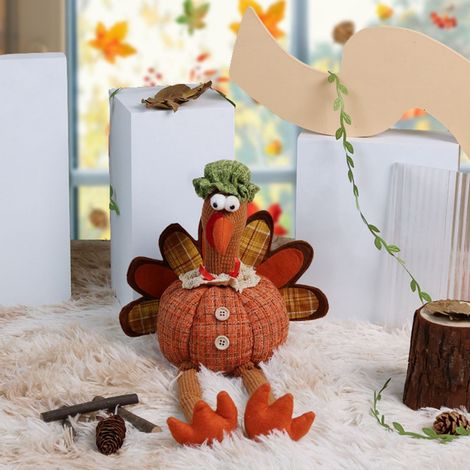 Doll Turquie - Couple De Figurines Décoratif Pour Thanksgiving - Avec Jambes Pendantes - En Tissu Polyester Et Rembourrage PP - Vert Et Orange - Lot De 2 (1/5)