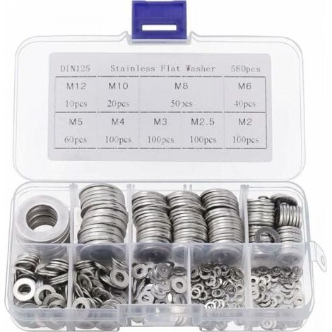 Rondelle Inox avec Boîte de Rangement (Lot de 580) - Assortiment de 9 Tailles M2, M2.5, M3, M4, M5, M6, M8, M10 & M12 - Lot de Rondelles Métal - Réparations, Usines & Décoration Intérieure (1/5)