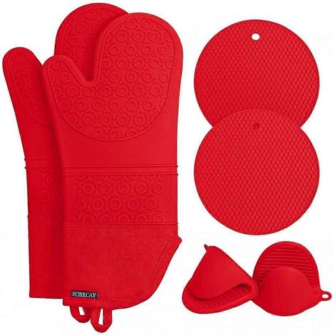 Gants de cuisine en silicone résistant à la chaleur, avec mini-gants et tapis résistant à la chaleur, doublure matelassée, rouge, lot de 6. (1/5)