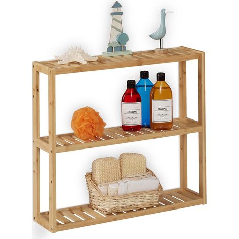 Étagère Bambou, 3 Niveaux, Rayons réglables en Hauteur, HxLxP : 54x60x15 cm, Salle de Bain et Cuisine, Nature (1/5)