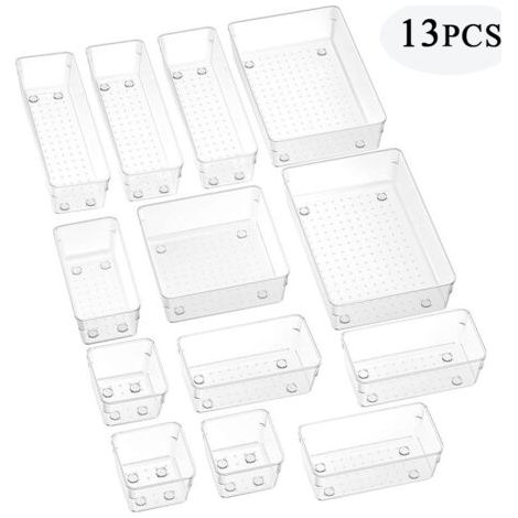 Organisateur Maquillage Lot de 13, Plateaux de Rangement Plastique Boîte Stockage, Organiseurs de Tiroir pour Cosmétiques, Bureau, Cuisine (Transparent) (1/4)