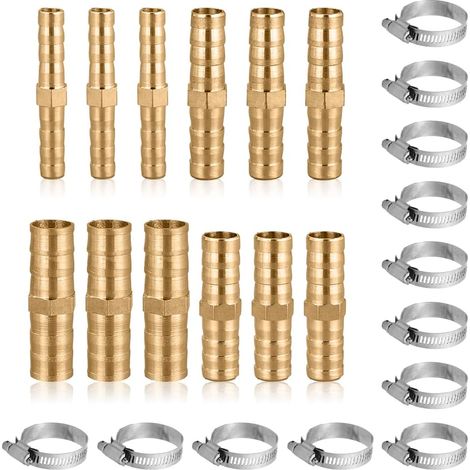 12pcs Connecteur Droit Barbelé, Adaptateur de Tuyau Droit Bidirectionnel Laiton avec Colliers de Serrage en Acier Inoxydable connecteur cannelé laiton pour Tuyau Connexion 6/8/10/12mm (1/5)