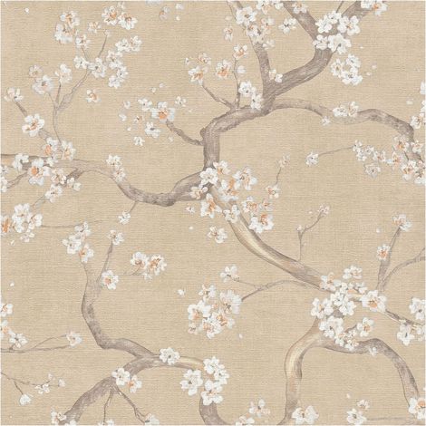Papel pintado floral Profhome 781992 papel pintado vinílico estampado en caliente tejido non tejido texturado con ornamentos florales mate beige blanco-crema pardo grisáceo naranja pálido 5,33 m2