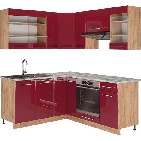 Cucina angolare completa Fame-Line, Bordeaux lucido/rovere dorato, 160 x 60 cm senza piano di lavoro, Vicco