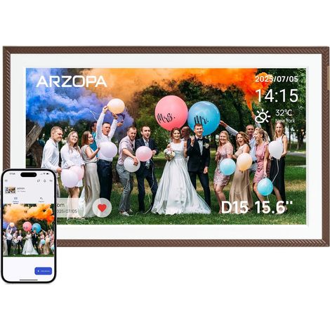 Cadres Photo Numérique 15,6 Pouces Stockage Cloud Gratuit et Illimité FHD Écran Tactile Partage à Distance Photos Vidéos Illimitées Via APP Cadre Numérique pour Famille - D15 Marron (1/5)