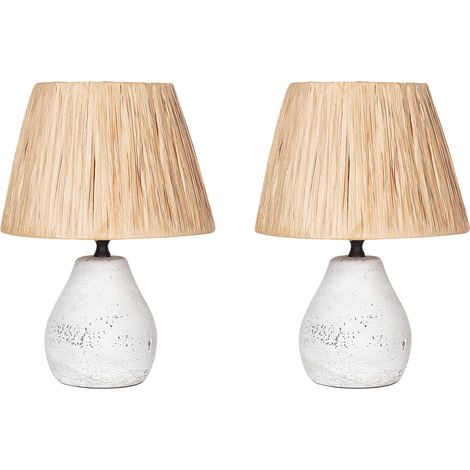 Conjunto de 2 lámparas de cerámica de mesa con pantalla de papel efecto envejecido blanco y natural Arwadito