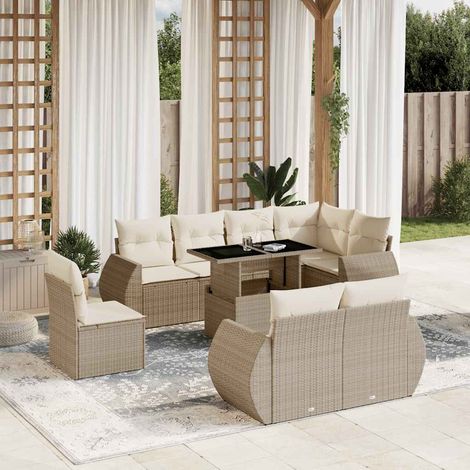 Ensemble Salon Jardin 9 Places Résine Tressée Beige avec Table Réglable et Coussins Amovibles (1/5)
