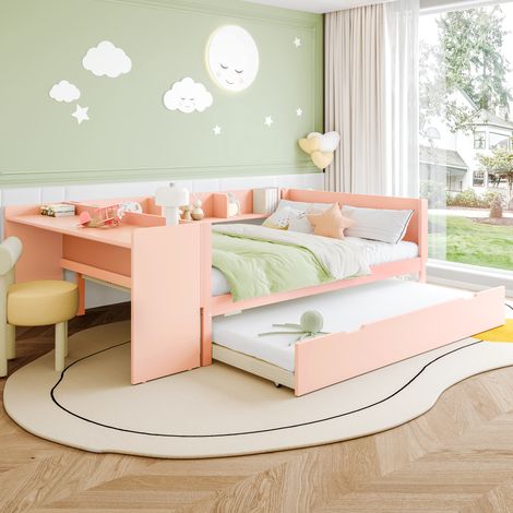 Lit 2 Personnes en Bois 140 X 200 cm avec Bureau, Lit Enfant avec Lit Gigogne, Lit Double avec Étagères, Pin + Panneaux, Rose (1/5)