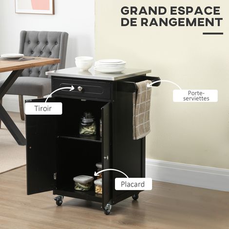 HOMCOM Chariot service cuisine roulettes 1 tiroir placard 2 portes étagère porte-torchons MDF noir acier inox