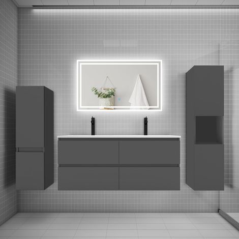 Ensemble meuble de salle de bains 120cm, double vasque et colonne et LED miroir,anthracite (1/5)