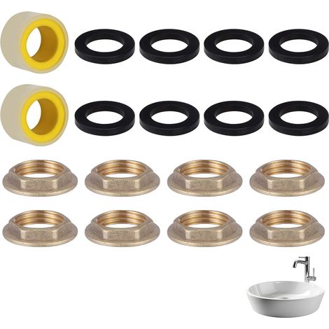 Kit plomberie G1/2, 8 écrous hexagonaux à Bride en Laiton, 8 rondelles Caoutchouc 30 mm et 2 Rouleaux de Ruban d’étanchéité 2 m, raccords pour Robinet, Tuyau, vanne et sanitaire (1/5)