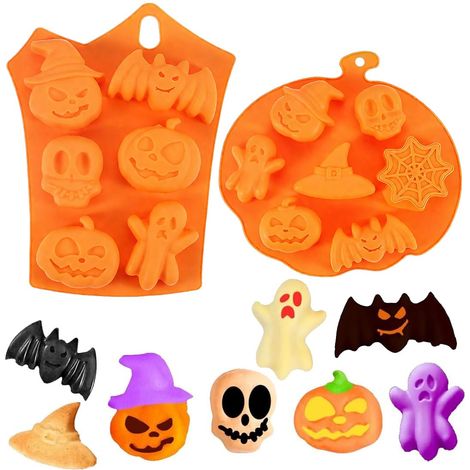 2 Pièces Halloween Moule en Silicone, Halloween Moule à Chocolat, Moule Gateau Silicones Citrouille/Crâne/Sorcière/Fantôme en Forme, Pumpkin Moule Muffin, AntiadhéSif Moules En Silicone (1/5)