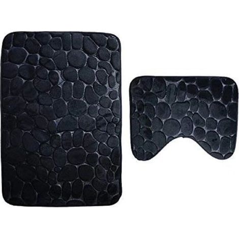 Lot de 2 Tapis de Bain Anti Dérapant et Le Tapis de Piédestal pour Salle de Bains Lavable a la Machine (50 80+40 50cm) - Noir