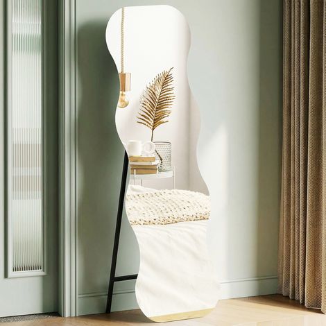 Miroir pleine longueur sans cadre, socle en bois, positionnable à volonté, forme ondulée, noir (1/5)