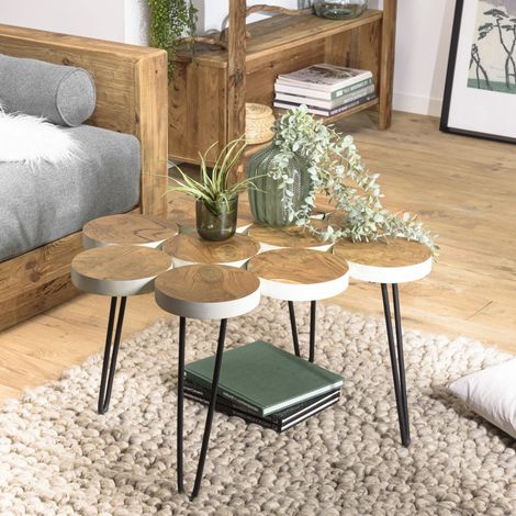 SAM - Table basse plateau rondelles bois teck pieds épingles (1/5)