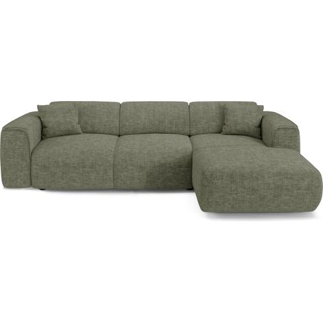 Canapé convertible angle droit 5 places en velours texturé vert sauge YUMA (1/5)