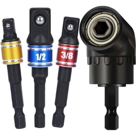 Adaptador para taladro, broca angular de 105°, 1/2 pulgada, 3/8 de pulgada, 1/4 de pulgada, adaptadores de vaso de 360° para tuercas y tornillos, 4 piezas (1/5)