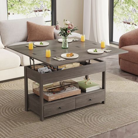 Table basse havenlyhome avec plateaurelevable, table de salon avecetagere,compartiment cache, pour salonbureau,100x50x54 cm, gris
