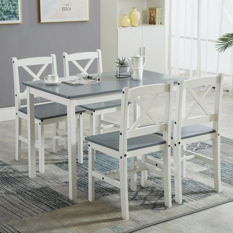 Classic Solid Wooden Dining Table and 4 Chairs Set Kitchen Home GREY (1/5)