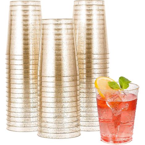 50 vasos de plástico dorados de 295 ml (10 oz), vasos de plástico desechables con purpurina dorada, vasos de plástico transparentes, ideales para bodas, Acción de Gracias y fiestas navideñas. (1/5)