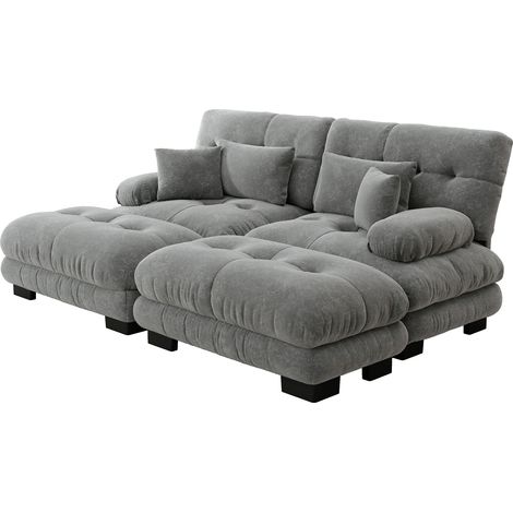 Sofá rinconero modular de chenilla gris MODENUIT con 2 cojines y 2 pufs (1/5)