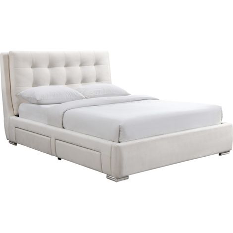 RODRIGO - Lit double en tissu blanc écru avec 2 tiroirs 140x190 cm (1/3)