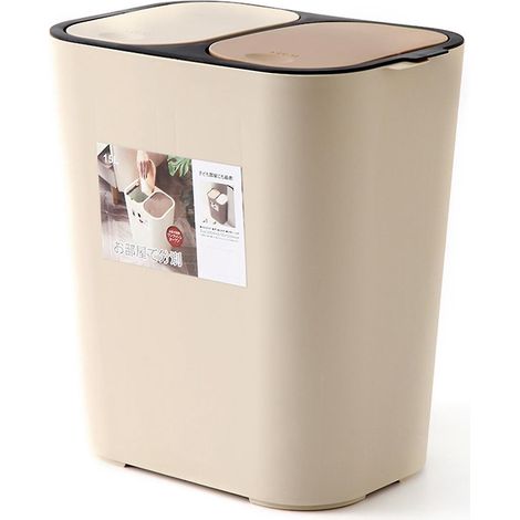 Poubelle de tri à double couvercle pour déchets humides et secs de cuisine, beige (1/5)