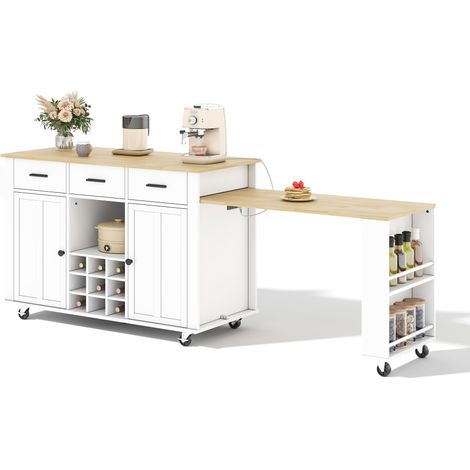 Îlot de Cuisine Mobile avec Table Extensible, Chariot de Cuisine 3 Tiroirs, Range-Bouteilles, Prises USB, Blanc/Chêne (1/5)