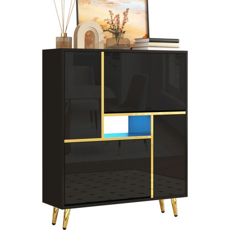 CHICFURN Zapatero 80x25x96 cm de aglomerado negro, frontal brillante y LED (1/5)
