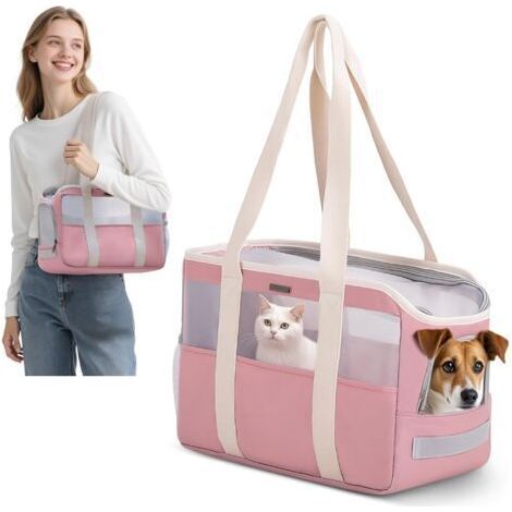 BUNTHAUS Sac de Transport Souple pour Petits Chiens et Chats, Sac Pliable et Respirant avec Laisse de Sécurité, Sac de Transport Léger pour Voyage Extérieur Camper (Rose Pastel)
