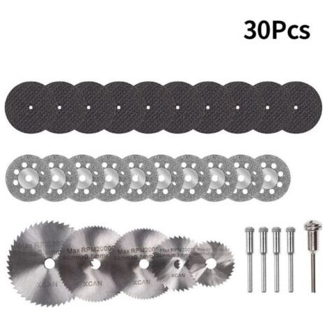 30 PcsMini Disque Diamant à Tronçonner, Mini Lame de Scie Circulaire HSS, Mini Disque de Coupe en Résine, avec 3mm Mandrin pour Bois, Métal, Plastique, Pierre, Verre (1/4)