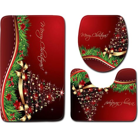 Toilet Contour Mat Set of 3 Non-Slip Bathroom Mats with Santa Claus Print - Super Water Absorbent - Soft Bath Mat for Bathroom, Bedroom, Kitchen, Toilet and Bathtub (1/4)