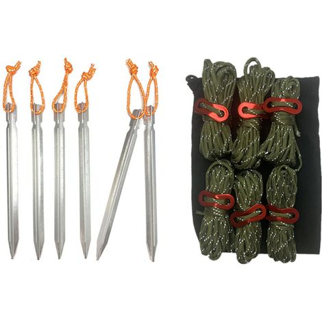 Lot de cordes, piquets et boucles réfléchissants pour tente de camping extérieur, vert armée, avec sac de rangement (1/5)