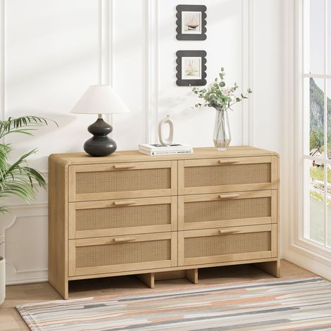 DESMIU Commode 6 Tiroirs avec Coins Arrondis, Rangement en Rotin Naturel pour Chambre, Salon et Cuisine (1/4)