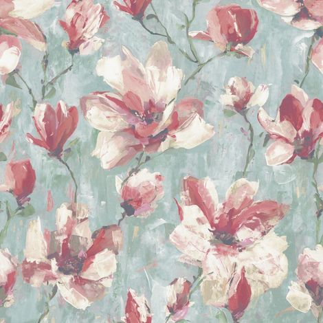 Grandeco Camilla Floral Teal & Pink Wallpaper Traditional Paste The Wall Vinyl (1/4)