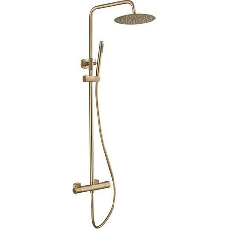 Colonne de douche thermostatique avec robinetterie en laiton brossé – Tête de douche orientable Ø 245 mm – Douchette à jet pluie
