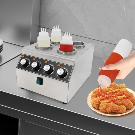 Chauffe-sauce 800 W en acier inoxydable avec 4 bouteilles de sauce de 680 ml, plage de température de 30 à 85 °C, 2 modes de chauffage, pour caramel, piment, curry, chocolat (1/5)
