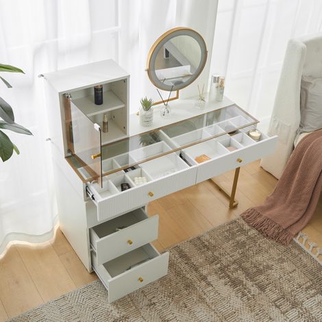 Ensemble coiffeuse blanche avec miroir LED illuminé et plateau en verre trempé. Dimensions 120 x 45 x 115 cm,design élégant sans tabouret.