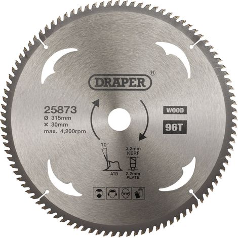 Draper 25873 TCT Circular Saw Blade for Wood – 315mm Diameter, 30mm Arbor, 96 Teeth