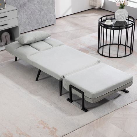 Poltrona trasformabile 3 in 1/letto singolo con schienale reclinabile in 5 posizioni, braccioli e cuscino, tessuto effetto velluto, grigio (1/5)