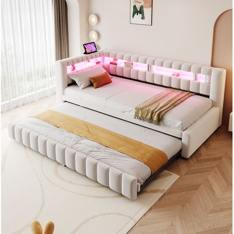 DESVIAE Canapé lit gigogne rembourré 90 x 200 cm avec LED ports USB et USB C tête de lit avec rangements dossier à rayures verticales sommier à lattes velours beige (1/5)