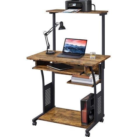 Bureau Informatique 80x50x132 cm avec roulettes - Brun Rustique (1/5)