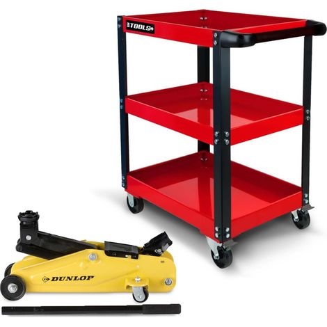 Servante d'Atelier BMTOOLS 3 étages sur roulettes & Cric Rouleur Hydraulique Compact DUNLOP 2T - Desserte, rangement pour outils